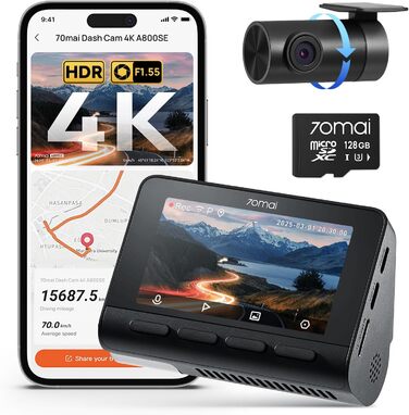 Відеореєстратор 70mai A800SE: 4K UHD + 1080p, GPS, WiFi, Dual, 128GB SD, HDR, ADAS, Нічне бачення, Паркування 24/7, 3