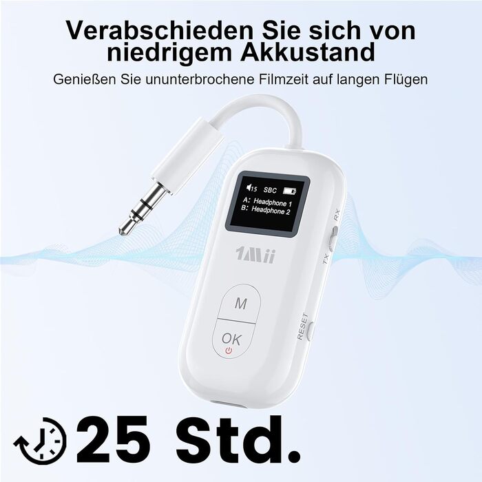 Bluetooth-адаптер для літака 1Mii з дисплеєм для 2 навушників, білий, 25 годин роботи