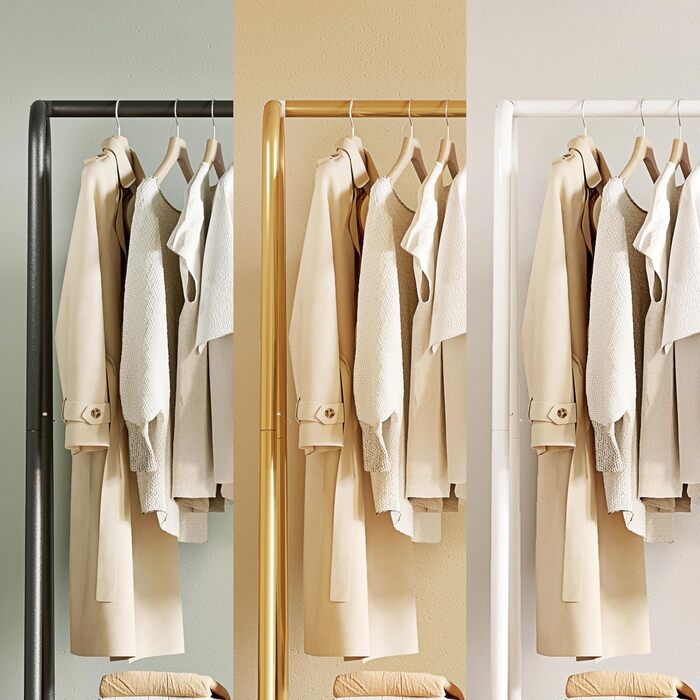 Robust metal clothes rack with double shelves for hanging clothes, freestanding and portable metal clothes rack, 62 L x 35 W x 157.5 H cm space-saving design, Gold (Black)