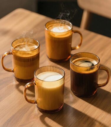 Набір з 4 чашок капучино 350мл, скляні, з рифленням, для лате/капучино/напоїв/кави/чаю - золоті