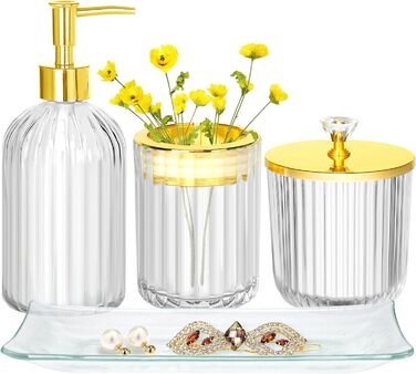 Haturi Bathroom Accessory Set, 4-Piece, Glass Bathroom Accessory Set, Complete with Lotion Soap Dispenser, Toothbrush Holder, Apothecary Jar, Vanity Tray, Bathroom Decor, Gift for (Transparent)