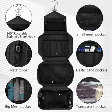 Чоловіча/Жіноча Туалетна Сумка для Подорожей з 4 Відсіками, Велика Місткість, Органайзер для Косметики, Чорний Колір