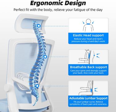 Ергономічне крісло Daccormax для офісу: регульована підголовник, підлокітники, підтримка попереку, поворотний механізм, функція гойдання, дихаюча сітка, для спини, до 150 кг (Блакитний)