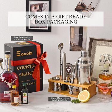750ml Stainless Steel Cocktail Shaker Set with Bamboo Stand & Recipe Book - 17 Piece Bar Set with Accessories for Bartenders & Gifts