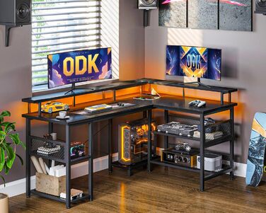 Ігровий стіл ODK з LED-підсвіткою, реверсивний, з 2 розетками та 2 USB-портами, кутовий, з сітчастою полицею, чорний, 150×102 см