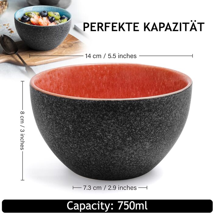 Набір керамічних мисок MIAMIO Las Palmitas, 750 мл, 6 шт — для салатів, супу, мюслі, сервірування, підходять для мікрохвильовки, духовки та посудомийки