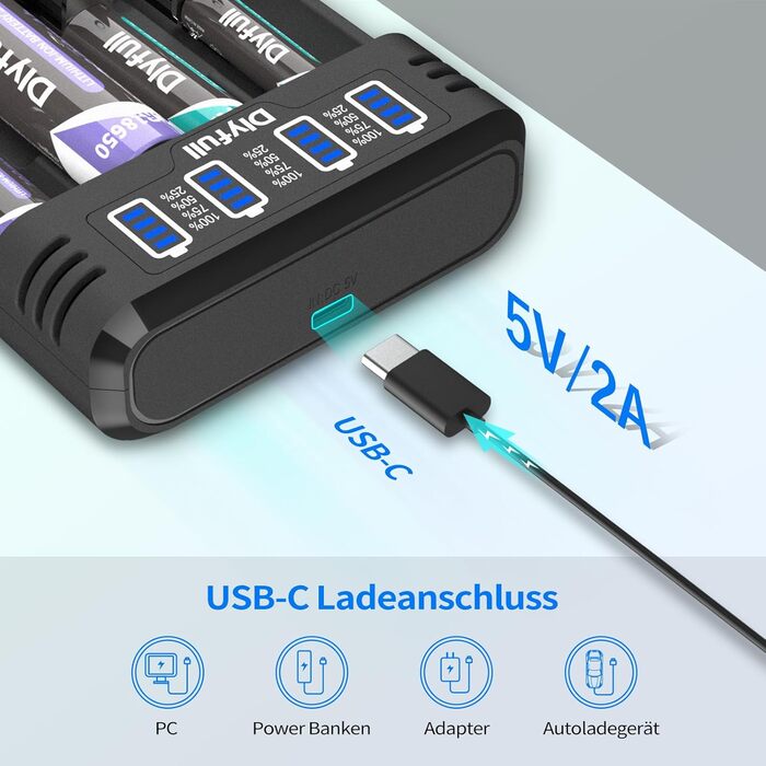 Зарядний пристрій Dlyfull для акумуляторів 18650, 4 слоти, USB-C, LED дисплей, швидка зарядка, сумісний з 18650, 21700, 17500, 16340, 26650, AA, AAA, C, 3.7V Li-Ion та 1.2V NI-MH/NI-CD
