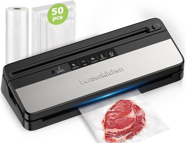 Bonsenkitchen Вакуумний пакувальник: для сухих та вологих продуктів, з вбудованим різаком, 1 рулон плівки, 50 професійних пакетів (Basic Black)