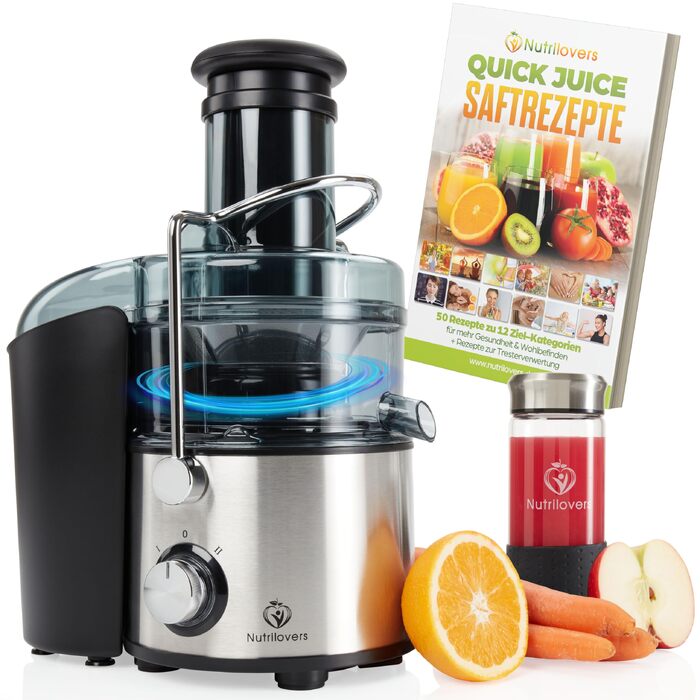 Центрифужна соковижималка Nutrilovers QUICK-JUICER MAX для овочів та фруктів, 800 Вт, XXL завантажувач, сталевий фільтр, зовнішній контейнер для м'якоті, BPA-free, з пляшкою та книгою рецептів