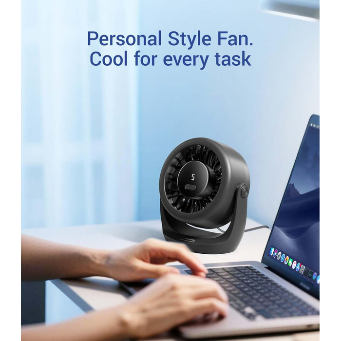 USB Turbo вентилятор для столу Diveblues TurboBreeze Klassisch: тихий, потужний, з LED-дисплеєм, 5 швидкостей, 360° обертання, портативний для дому, офісу та відпочинку – чорний