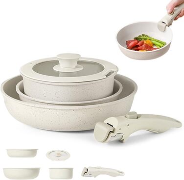 Набір каструль та сковорідок 5 шт. з знімним ручками, антипригарне покриття, підходить для індукційних плит, духовки та всіх типів плит