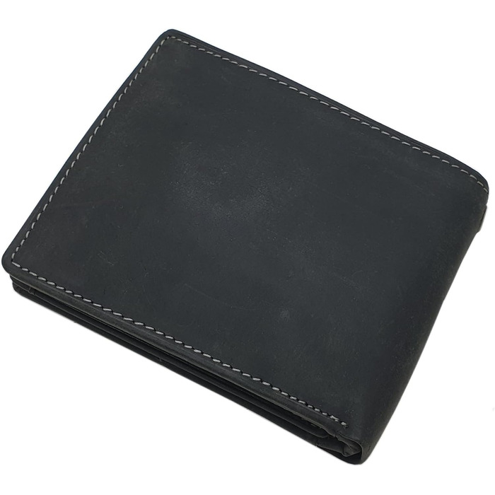 myledershop Genuine Buffalo Leather Wallet/Bifold Wallet/Card Holder/Money Bag in Portrait or Landscape Format with Wolf Motif and RFID & NFC Protection (Model 2 / Landscape/Black)