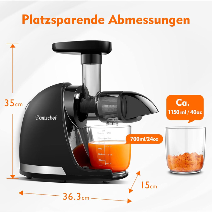 AMZCHEF Juicer for Vegetables and Fruits - Test Winner - Slow Juicer with Reverse-Masticating Function - Gentle Crushing Without Filtering - Electric Juice Press with Brush and 2 Cups - Matte Black