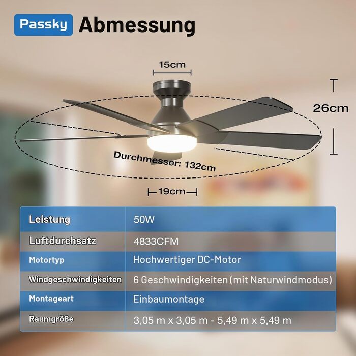 Стельовий вентилятор Passky 132 см з LED-освітленням та пультом керування, DC-мотор, 6 швидкостей, 3 режими світла, реверс (літо/зима), чорний