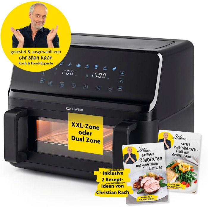 Фритюрниця RACHS KOCHWERK Vario-Doppelkammer 9 л з роздільною камерою, сенсорним екраном та 8 програмами | Електрична фритюрниця без олії, Smart-Cook, чорний колір