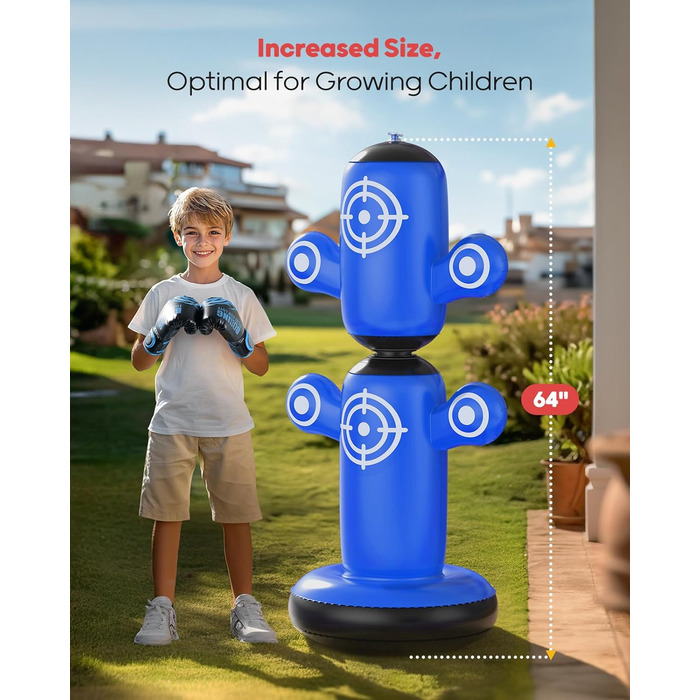 Дитячий боксерський мішок QPAU 360° з рукавичками, насосом та 6 цілями. Надувний боксерський мішок Bop Bag для карате, подарунок для хлопчиків та дівчаток (Блакитний)