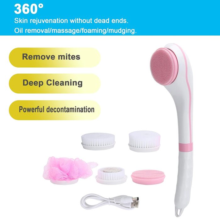 Electric Body Scrub Brush with USB Charger, 6 Speed Adjustable Body Brush Set Shower Brush Back Scrubber Multifunction Long Handle Massager, Long Handle for (Pink)