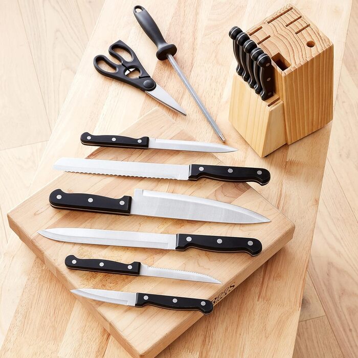 Amazon Basics Premium Knife Block Set - 9 Piece Black Kitchen Knife Set