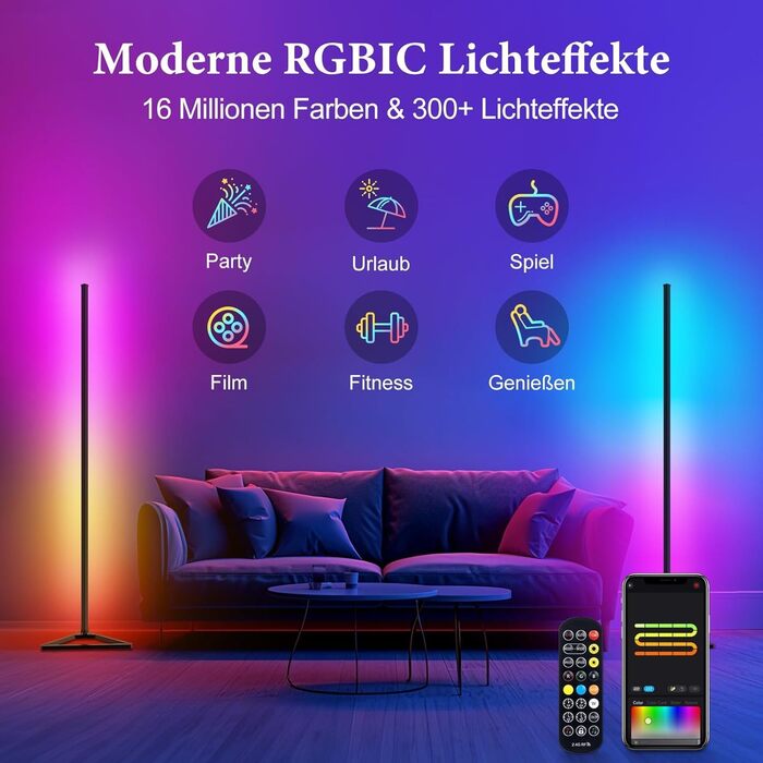 LED торшер RGBIC з підсвічуванням, диммуванням, керуванням через додаток, 16 мільйонів кольорів, 300 режимів, музичний режим та таймер, 140 см, чорний (2 шт.)