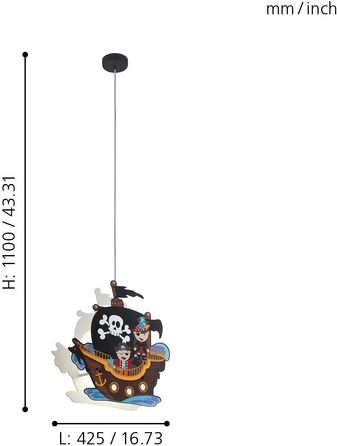 EGLO SAN CARLO Pendant Light for Kids, Children's Lamp with Pirate Motif, Decoration for Boys and Girls, Colorful Pendant Light for Children's Rooms, Pirate Ship Lamp, Steel, 28 W, white