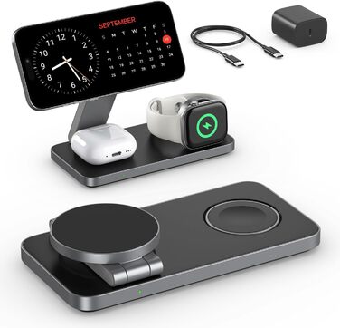 Бездротова зарядка Induktive з підтримкою MagSafe, 3-в-1 для iPhone 15/14/13/12, Apple Watch та AirPods, 30W, колір: чорний