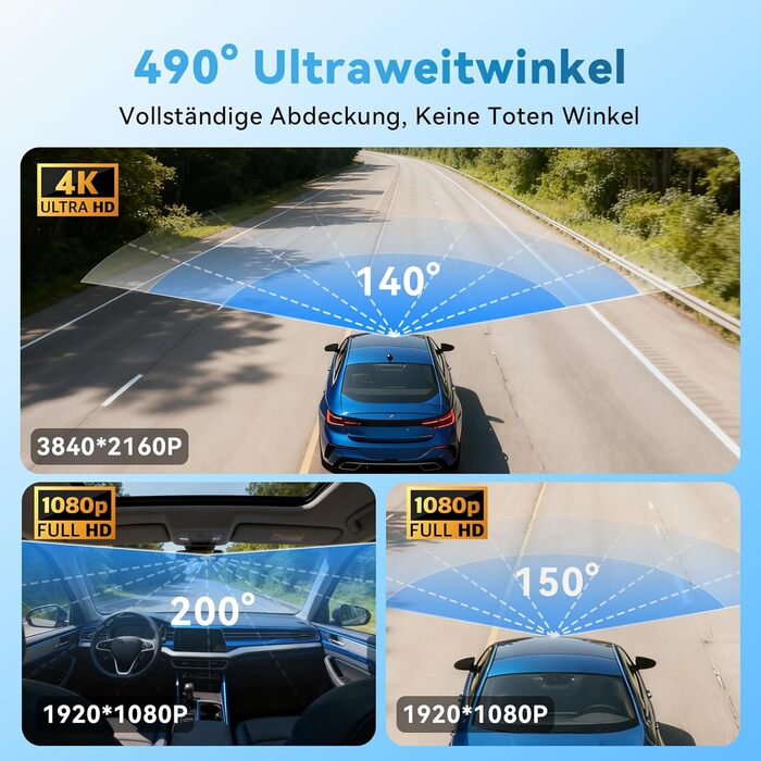 Автомобільний відеореєстратор 4K/1080P 4-канальний (передній, задній, внутрішні) з SD-картою 64ГБ, 3