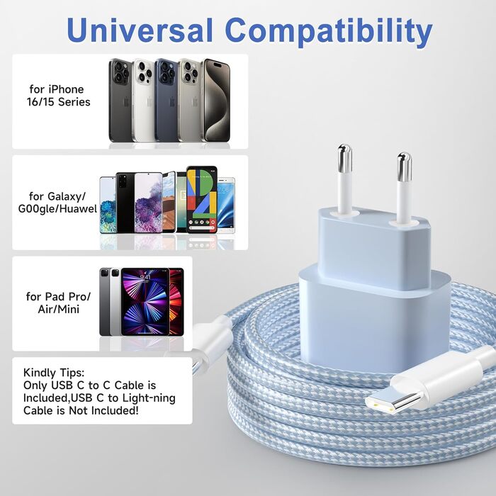 Зарядний пристрій USB-C 20W з кабелем Type-C 2м для iPhone 16/15/Pro/Air - комплект 2 шт. (Ліловий + Синій)