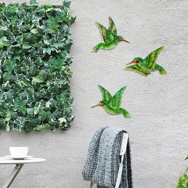 J-Fly Metal Glass Hummingbird Wall Decor 3D Hummingbird Design Hand-Painted Living Room Glass Wall Art Outdoor Patio Hanging Home Bedroom Garden Terrace Veranda or Fence Green 25.4 cm