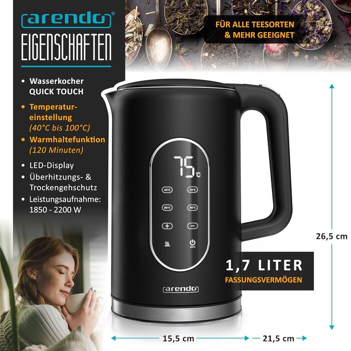 Електричний чайник Arendo з регулюванням температури, нержавіюча сталь, подвійні стінки Cool Touch, дисплей, бездротовий, 2200 Вт, 1.7л, захист від перегріву, функція підтримання тепла, чорний