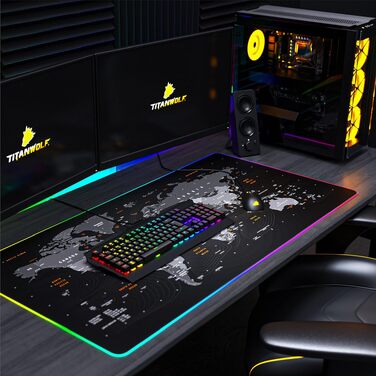 Ігровий килимок для миші TITANWOLF RGB XXL (800x300 мм) з LED-підсвіткою, 11 режимів освітлення, вологостійкий, чорний (дизайн World Map)