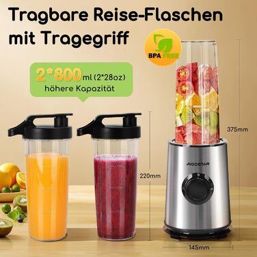 Блендер Aigostar для смузі, Mini Standmixer, 600W, 2 пляшки 800мл з кришкою, 2 швидкості + імпульсний режим, подрібнення льоду, пляшка Tritan, без BPA. Baron