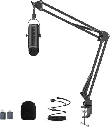 Zealsound USB мікрофон для подкастів та вокалу з шумозаглушенням (чорний) для ПК, телефону, YouTube, PS5, iPhone, Mac. З підставкою-держателем та адаптерами.