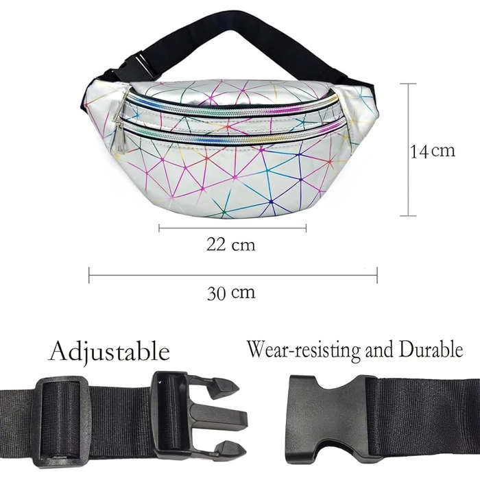 Сумка на пояс 80-х для жінок, лазерний стиль, блискітки, регульований ремінь, водонепроникна, для активного відпочинку, подорожей, туризму, відпустки (срібна, оновлена версія)