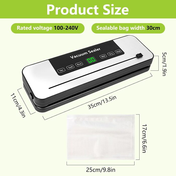 Вакуумний пакувальник Vakuumiergerät Profi з LED-дисплеєм, 50 пакетів, вбудований різак, функції 'Волого/Сухо', для кухні та їдальні