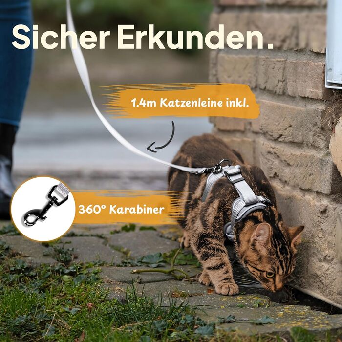 Шлейка для котів Tierhood з повідком [Нова, ЛЕГКА версія] - шлейка з повідком для котів та кошенят - комплект шлейки та повідка для котів - контрольована свобода - сірий колір, розмір S (обхват шиї 18-29 см) (обхват грудей 33-44 см)