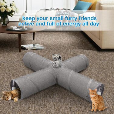 Cat Tunnel Toy, 4-Way Collapsible Cat Tunnel for Indoor Cats, Interactive Peek Hole, Pet Tunnel with Cat Wand Toy