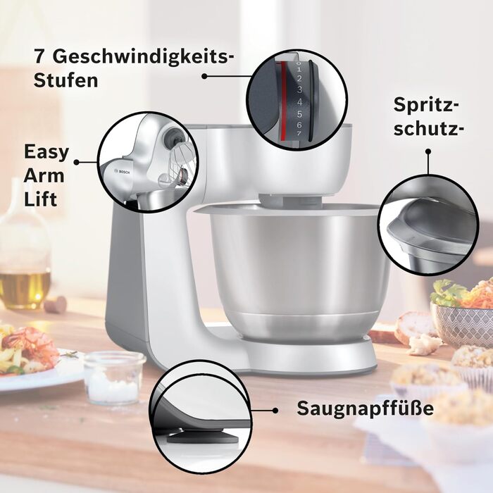 Bosch Kitchen Machine Series 4 MUM54251, 3.9 L Bowl, 1.25 L Mixer, Meat Grinder, Citrus Press, Dicer, Dough Hook, Beater, Whisk, Continuous Slicer, 3 Discs, 900 W, White/Silver