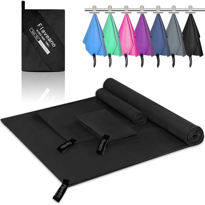 Набір рушників з мікрофібри (3 шт.): 180x90 см, 80x40 см, 50x30 см. Швидкосохнучі, для подорожей, спорту, пляжу. Чорний колір