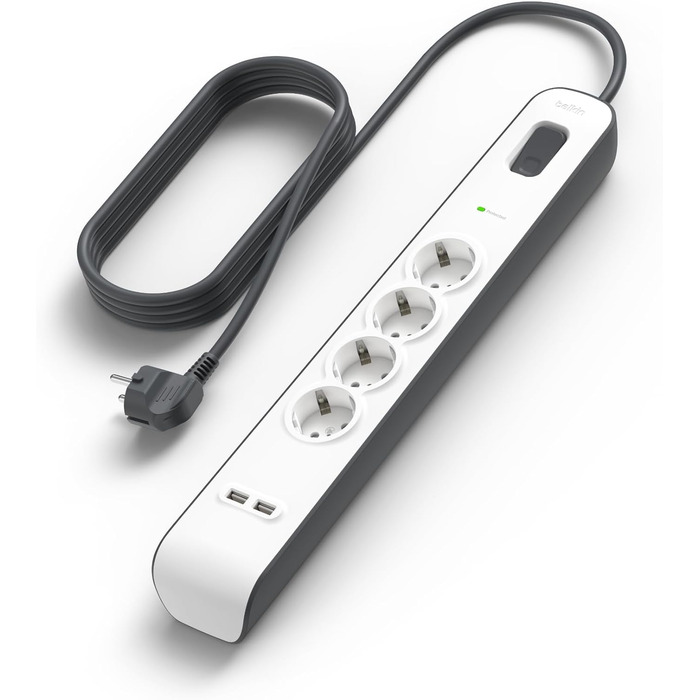 Мережевий фільтр Belkin з захистом від перенапруги та USB-портами, 8 розеток, 2 USB-A, 2.4A, кабель 2м, для дому та офісу