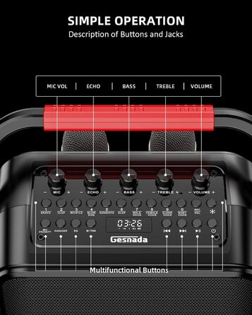 Караоке Машина з 2 мікрофонами, Bluetooth, PA Система з FM, USB, TF, AUX, Ехо, Регулювання Bass/Treble, Чорний