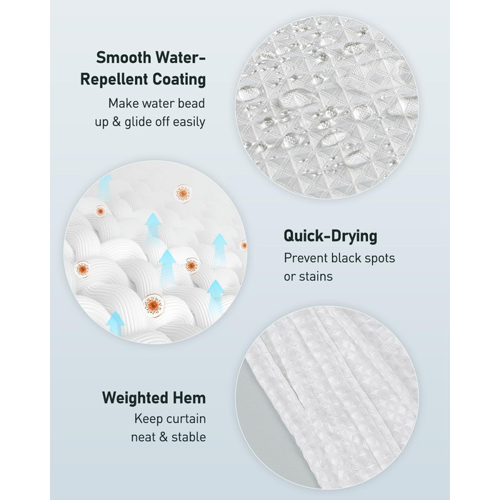 Шторка для душу Uniclife Біла, 180x180 см, вафельна текстура, водовідштовхувальна, 100% поліестер, з 12 нержавіючими люверсами, з 12 металевими гачками та обтяженим краєм, H183 x B183 см (1 шт.)