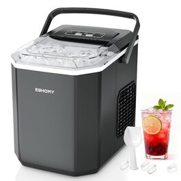 Машина для приготування льоду EUHOMY: 9 кубиків за 6 хвилин, самоочисна, продуктивність 12 кг/24 год, 2 розміри кубиків, з ручкою/шaufel/корзиною, чорний колір