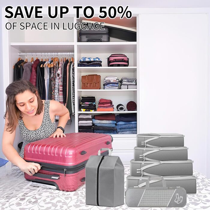 Органайзер для валізи, набір 6 шт. Компресійні куби для пакування, органайзер для подорожей, сірий