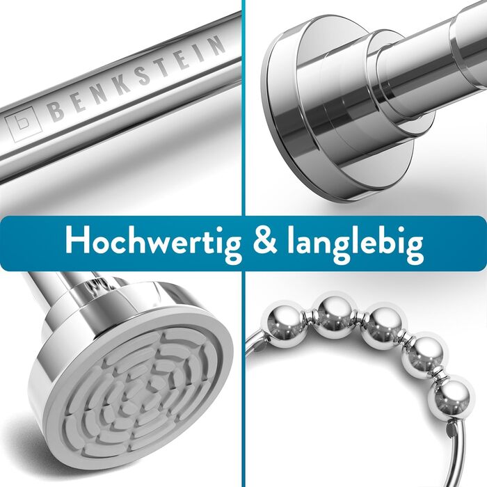 Висувна штанга для душу Benkstein® без свердління, 125-230 см - штанга для душу з нержавіючої сталі, 12 кілець, телескопічна, стабільна, без свердління