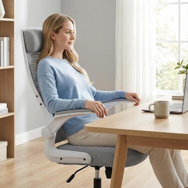 Ергономічне крісло для офісу з регульованою підголовником, сітчасте крісло для столу, відкидні підлокітники, широке сидіння, функція гойдання, комп'ютерне крісло EN 1335, офісне крісло 200 KG, сіре