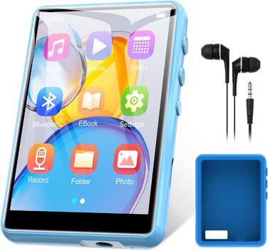 MP3-плеєр 64GB Bluetooth 5.3 з сенсорним екраном 2.4' для дітей, FM-радіо, запис голосу, Line-In (Чорний, Синій)