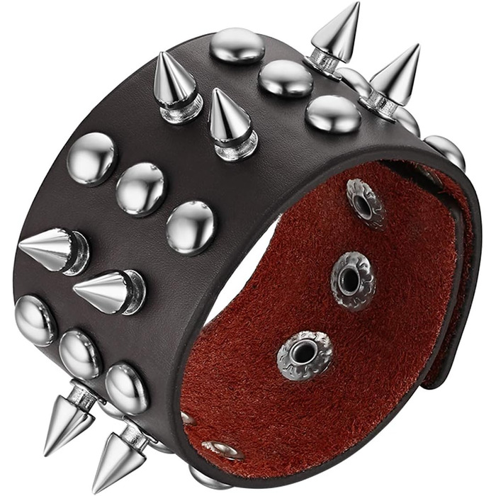 Чоловічий широкий браслет з натуральної шкіри JewelryWe Punk Rock: стильний аксесуар для байкерів та шанувальників панк-року. Регульований, чорний/коричневий, з заклепками та ланцюгом.