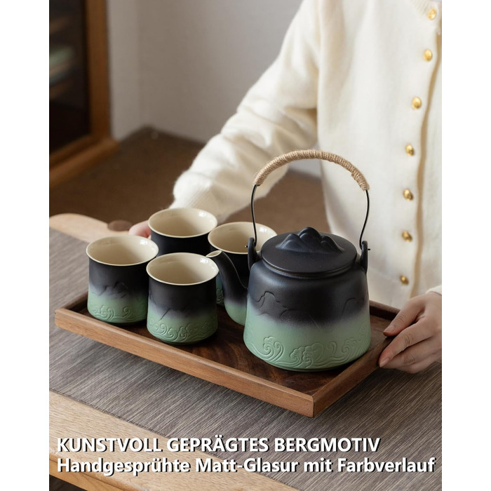ZENS Design Japanese Teapot, 1000ml Gradient Embossed Japanese Teapot Ceramic with Built-in Strainer and Hemp Rope Handle for Loose Tea Steeper, Gift for Tea Lovers, Black & Bean Green (Black & Bean Green, 1000ml Teapot & 4 of 200ml Cups)