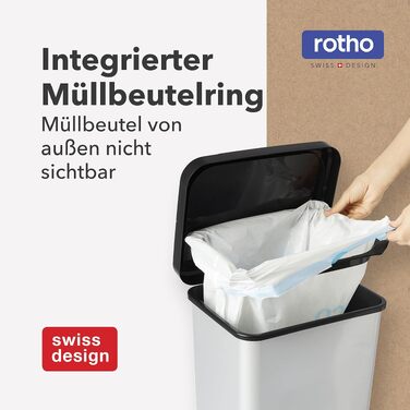 Сміттєвий відро Rotho Paso на 40 л з педаллю та Soft-Close кришкою, сріблясте
