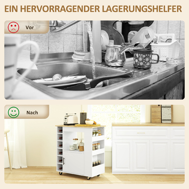 HOMCOM Kitchen Cart Serving Cart with Worktop, Shelves, Wine Racks, Kitchen Cabinet Rolling Cart with Soft-Close Hinges, Handle, Kitchen Island for Office, 83x40x83cm, Oak | Aosom
